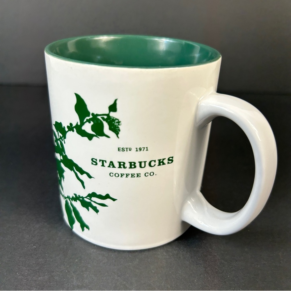 Vintage 2010 Starbucks 12oz White Green Botanical Leaves Heritage Collector Cup